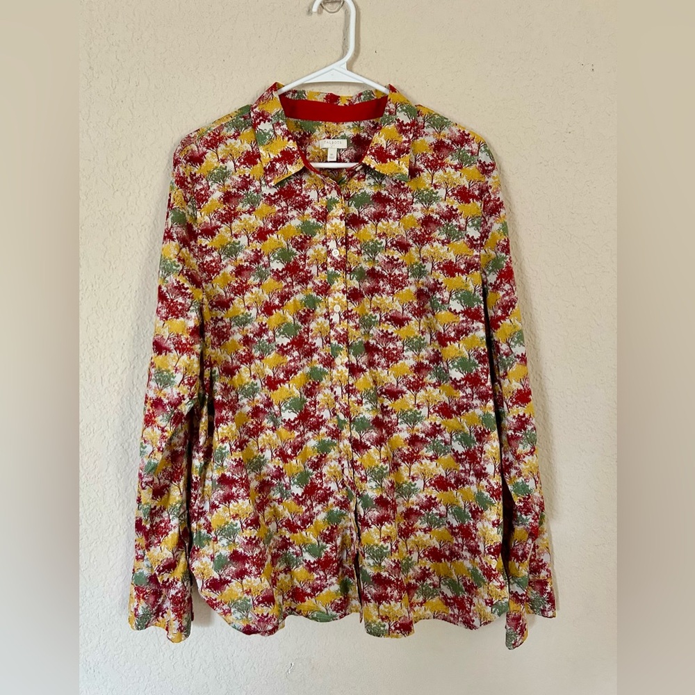 Talbots Women Autumn Button Down Shirt Trees Leaves Fall Summer Size XL